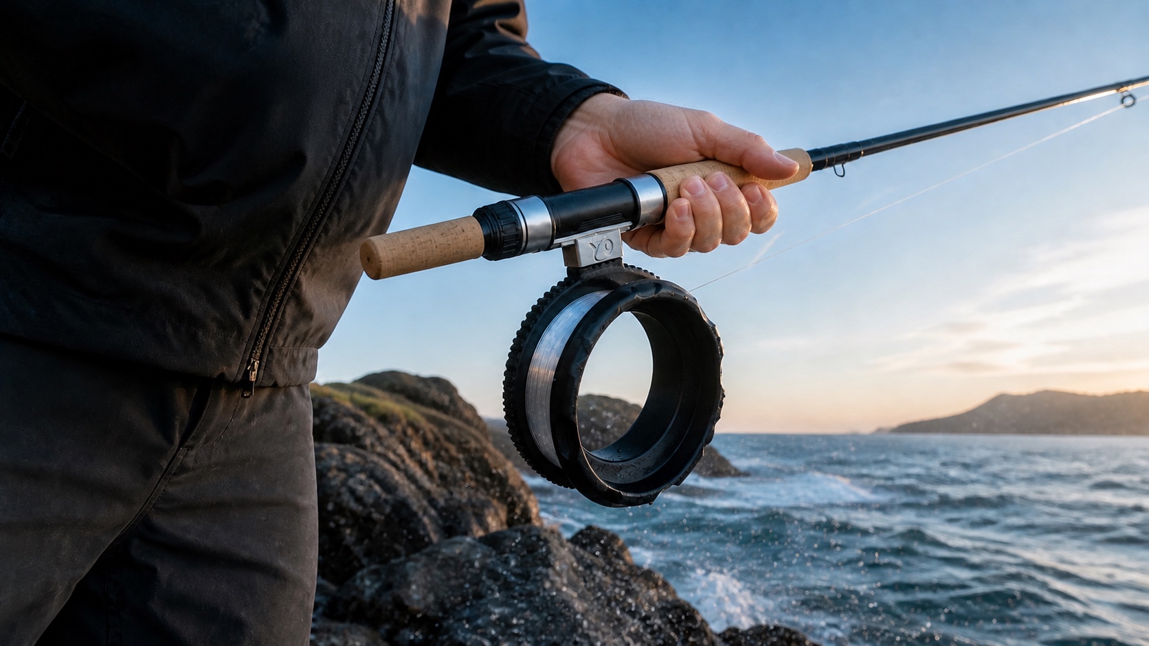 Angler retrieving line with a YO Reel on a rocky shoreline at first light