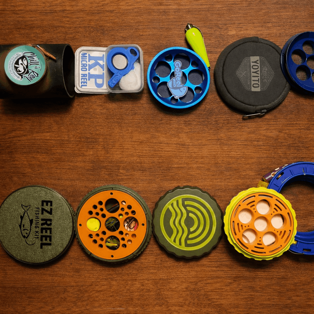 Collection of handline fishing reels including Chill Reel, KP Micro Reel, GoReel Pro, Yoyito, EZ Reel, and other handline discs